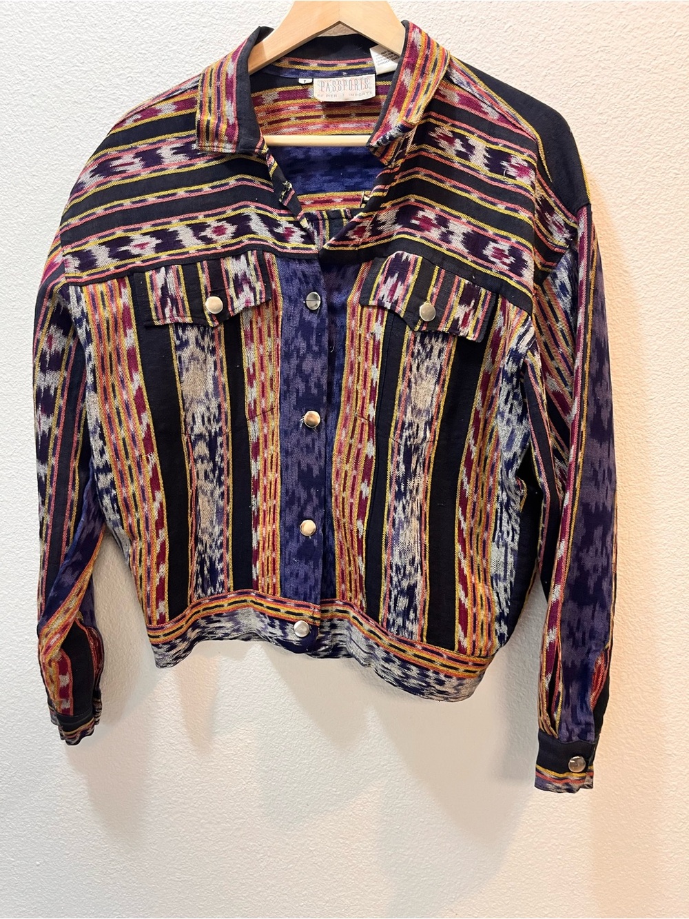Passport Multicolor Patterned Jean Jacket in Purple & Black